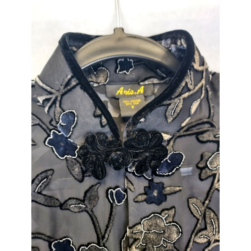 Anis A Velvet Burnout Blouse Women S Silk Floral Black Asian Inspired Frog Clasp - Picture 9 of 16